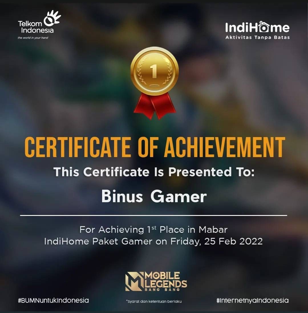 1st Place in MABAR IndiHome Paket Gamer by Telkom Indonesia