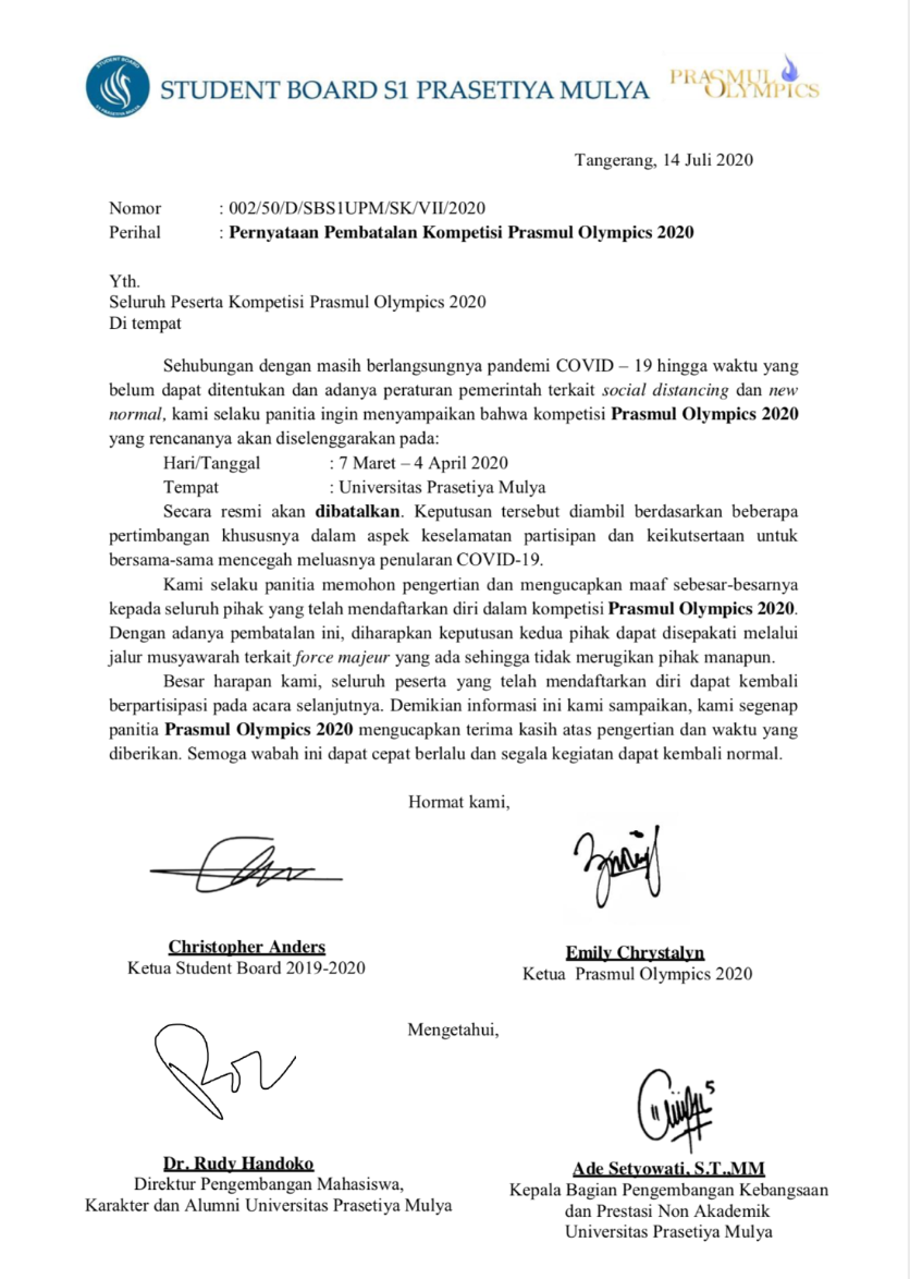 Pemberitahuan Pemberhentian turnament Prasmul Olympic yang diikuti UKM Sepakbola