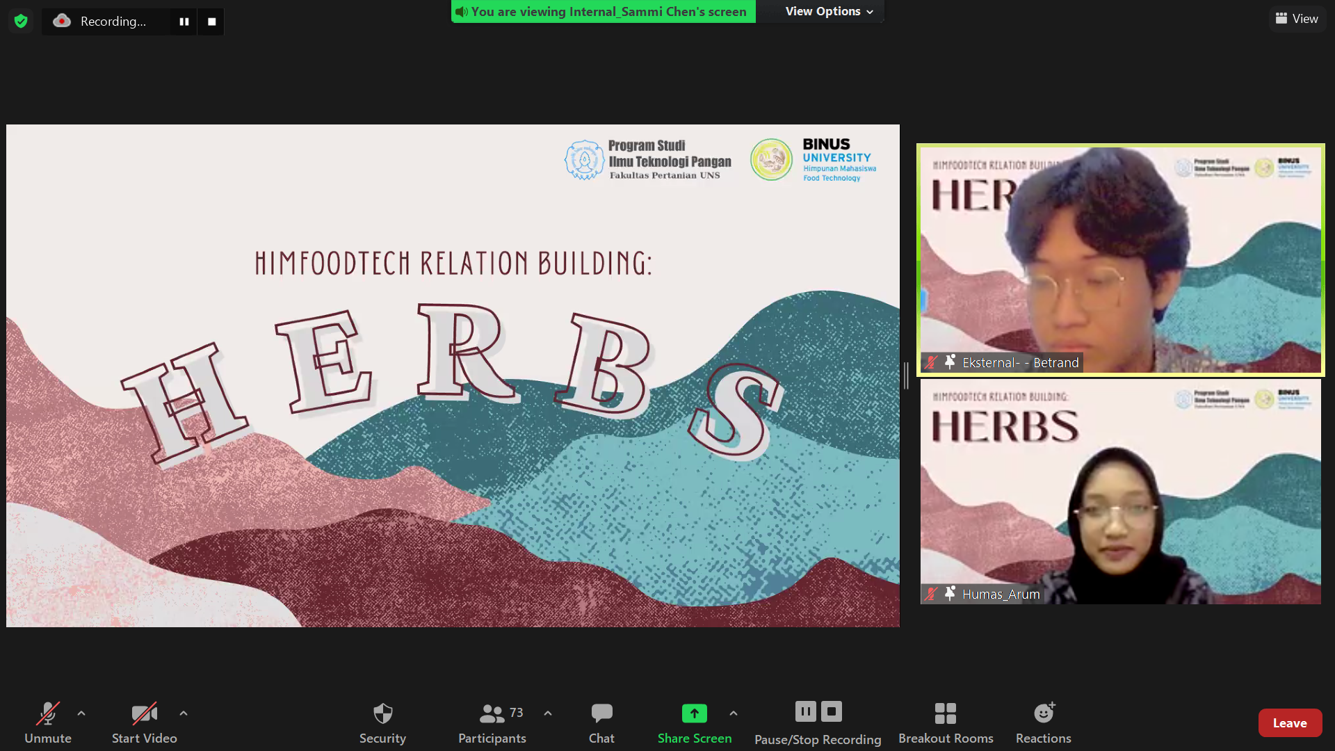 Benchmarking HERBS (HIMFOODTECH Relation Building) : Kegiatan Online Edukatif nan Seru antara HIMFOODTECH BINUS dengan HIMAGHITA UNS